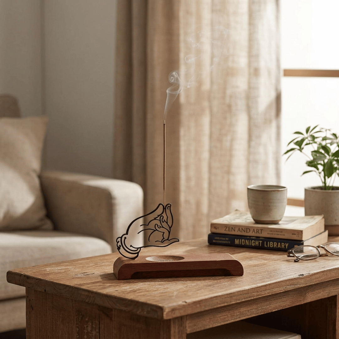Homero Wooden Base Zen Metal Hand Incense Holder - 16cm
