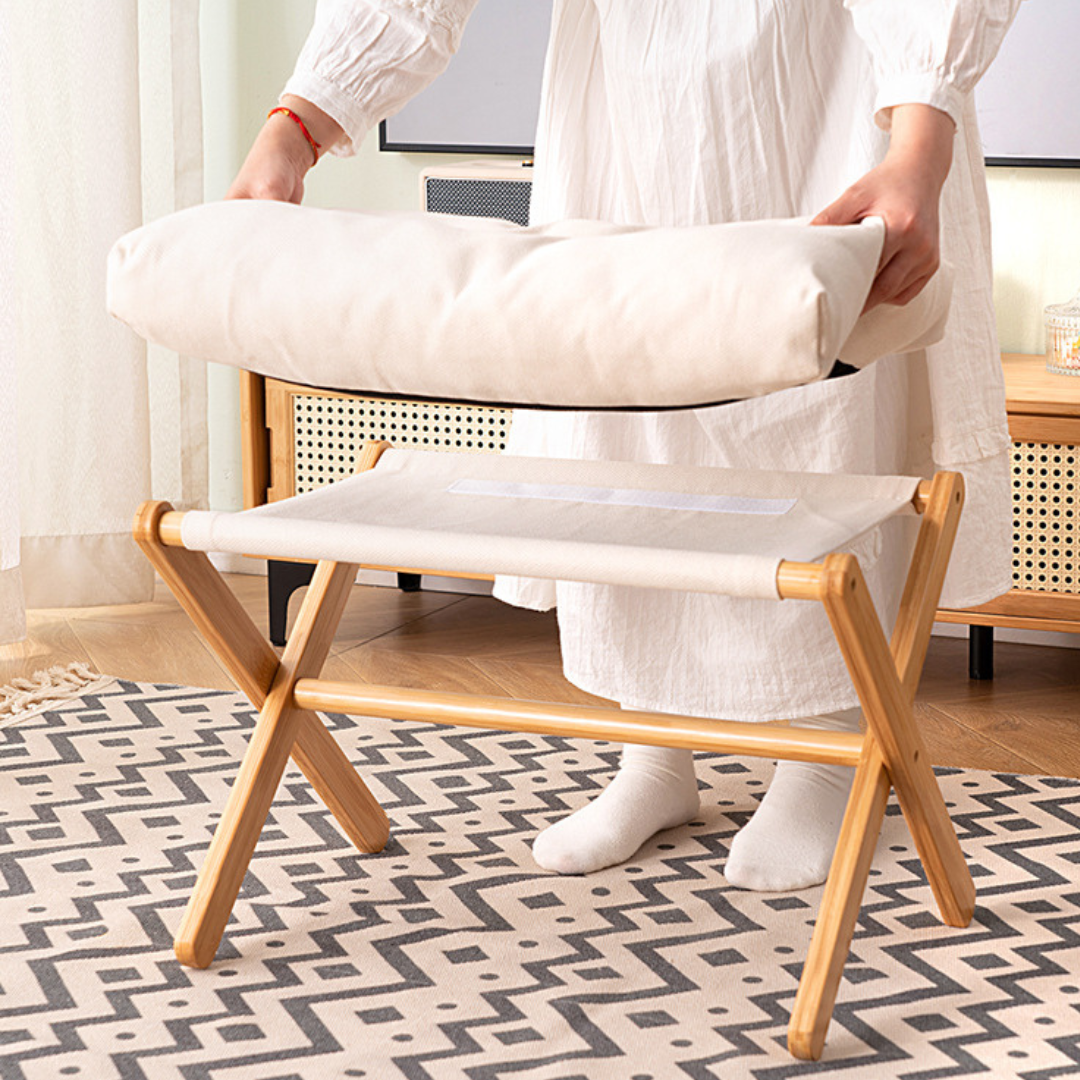 Wooden Bamboo Ottoman Foldable Stool with Removable Cushion