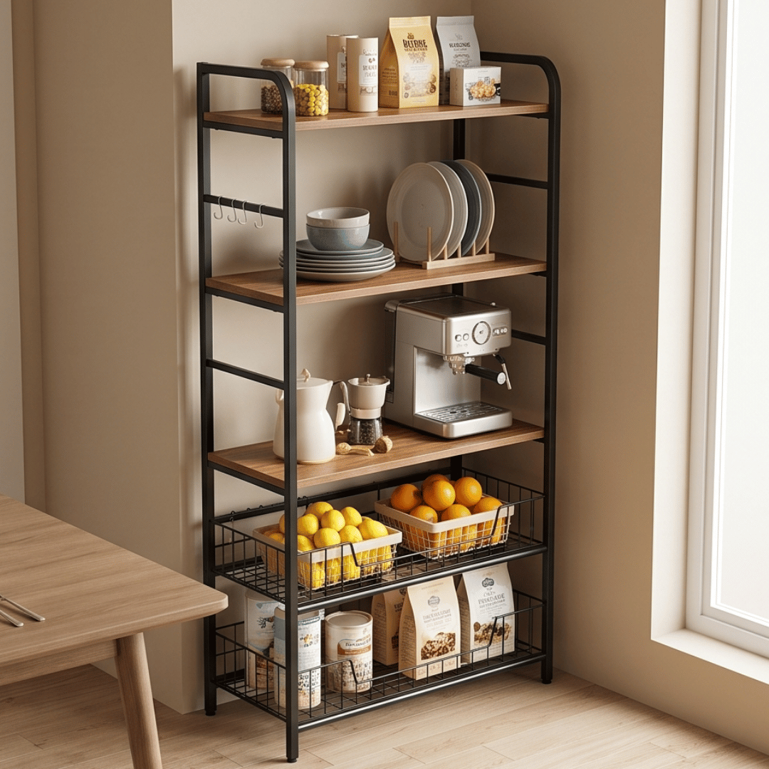 Multi-Purpose Wooden Kitchen Storage Organizer Cart With Utility Hooks