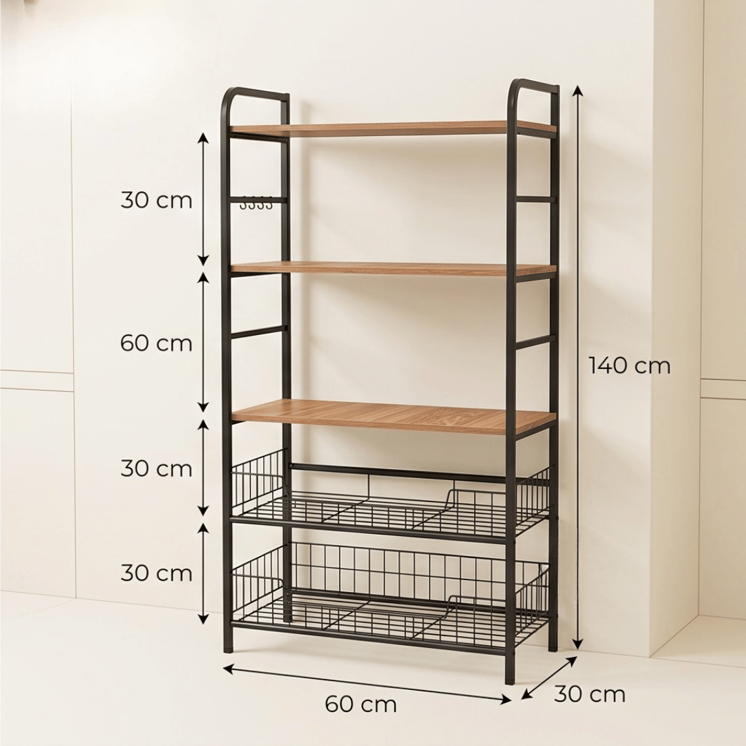 Multi-Purpose Wooden Kitchen Storage Organizer Cart With Utility Hooks