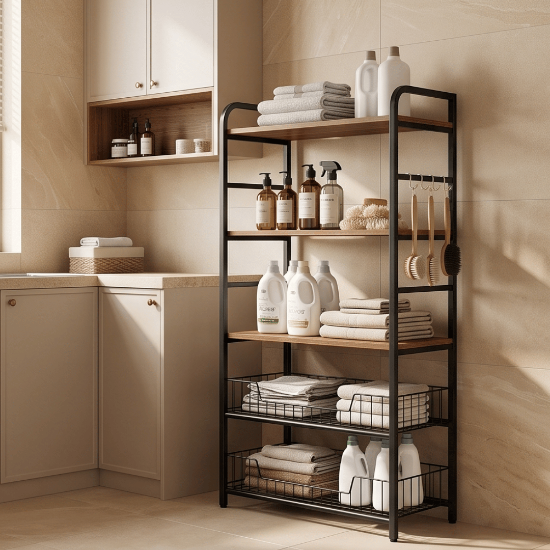 Multi-Purpose Wooden Kitchen Storage Organizer Cart With Utility Hooks