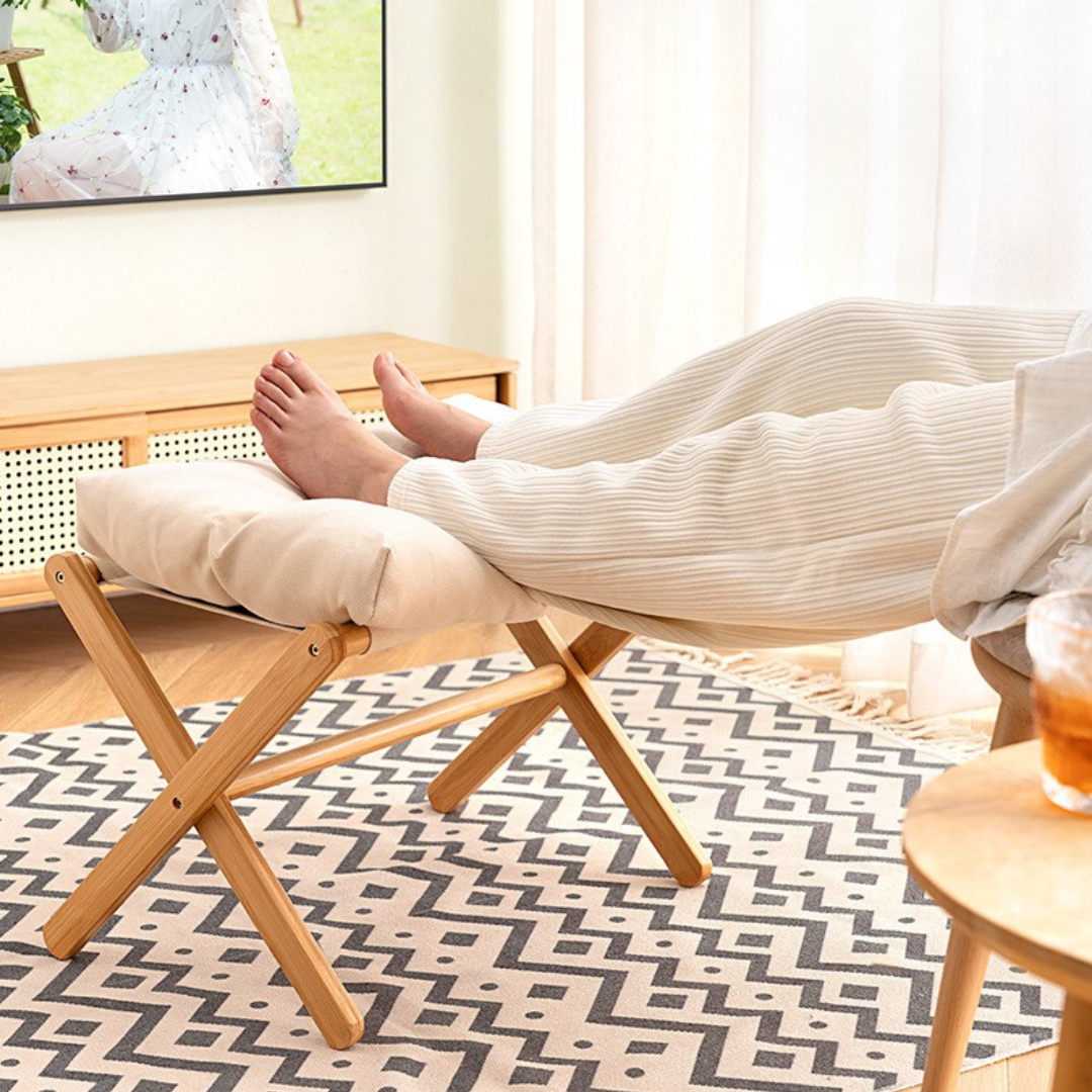 Wooden Bamboo Ottoman Foldable Stool with Removable Cushion