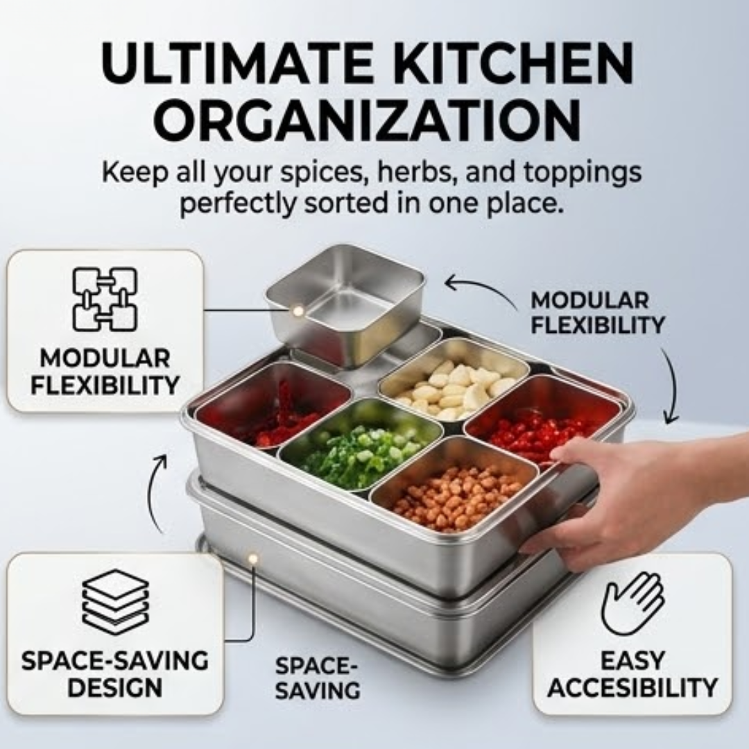 304 Stainless Steel 6-Compartment Seasoning Storage Box with Dustproof Lid