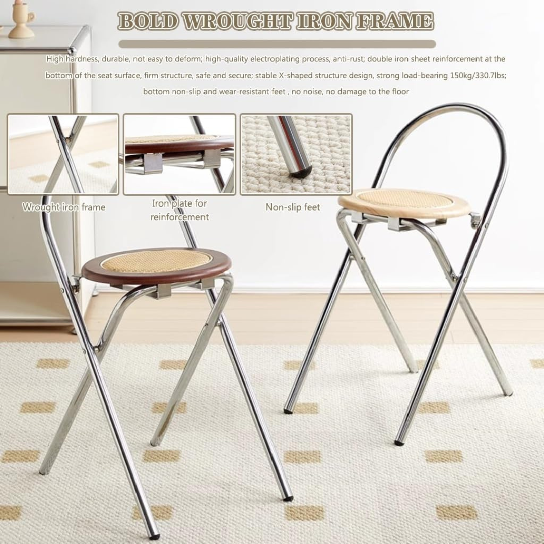 HOMERO Japanese Retro Rattan Folding Dining Chair with Solid Wood Frame (Brown)