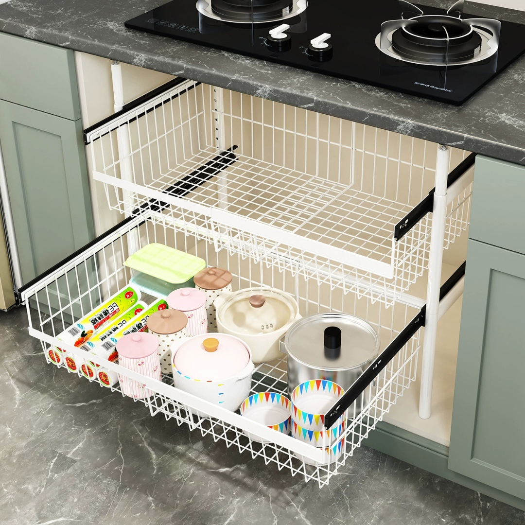 HOMERO Carbon Steel Adjustable Telescopic Pull-Out Cabinet Basket Organizer