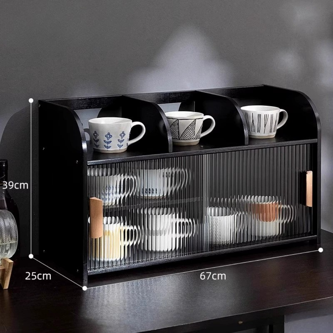 Modern Glass Bamboo Countertop Storage Cabinet with Sliding Doors