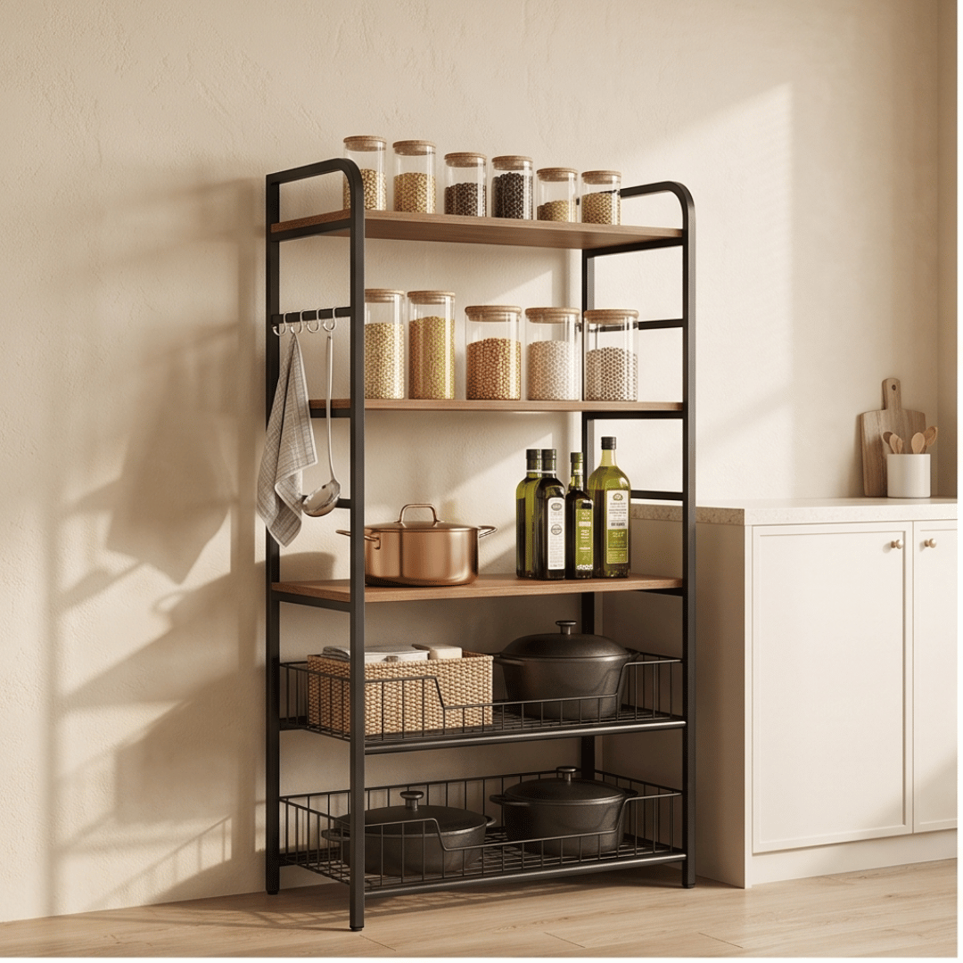 Multi-Purpose Wooden Kitchen Storage Organizer Cart With Utility Hooks