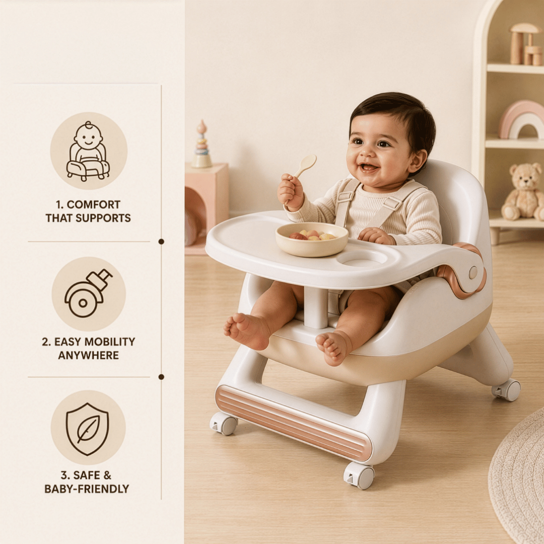 Baby Dining Anti Slip Lightweight Chair with Toddlers Cushioned Seat and Wheels