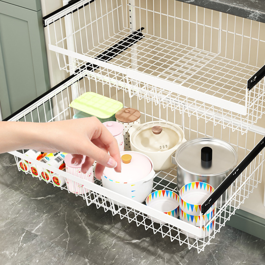 HOMERO Carbon Steel Adjustable Telescopic Pull-Out Cabinet Basket Organizer