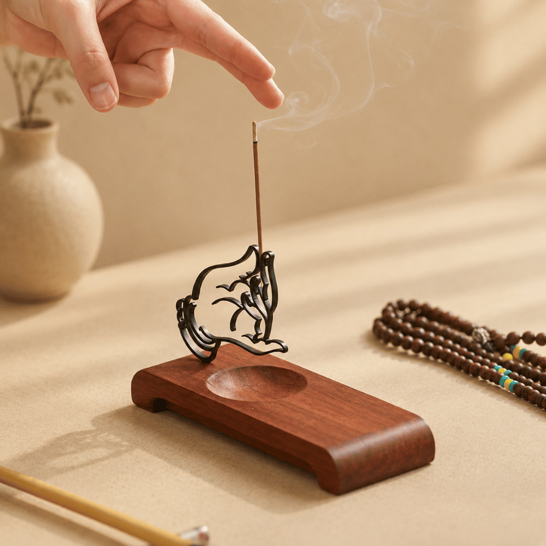 Homero Wooden Base Zen Metal Hand Incense Holder - 16cm