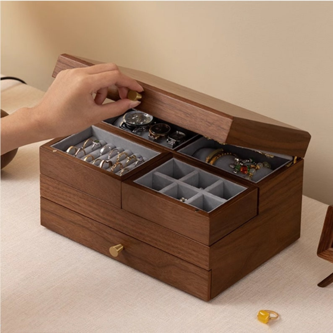HOMERO 3-Layer Walnut Design Wooden Jewelry Storage Box