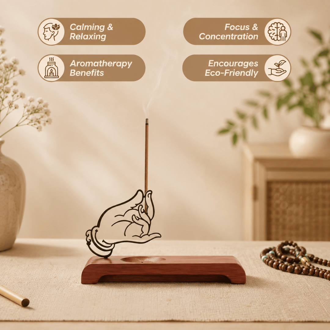 Homero Wooden Base Zen Metal Hand Incense Holder - 16cm