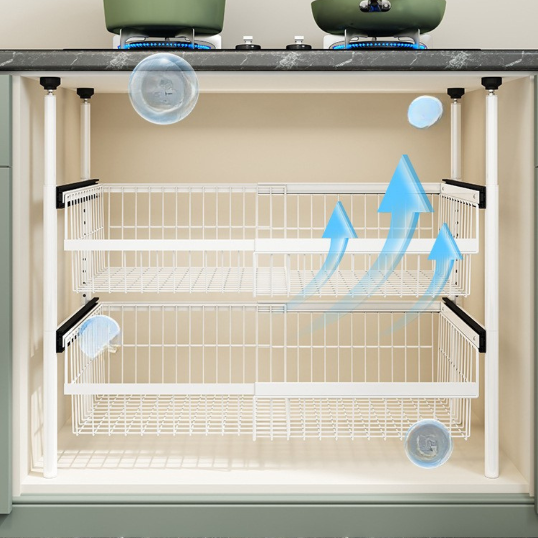 HOMERO Carbon Steel Adjustable Telescopic Pull-Out Cabinet Basket Organizer