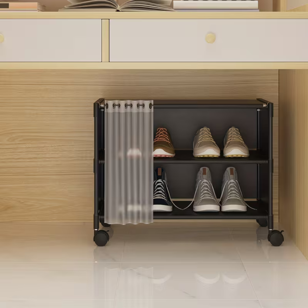 2 Tier Rolling Shoe Rack Organizer with Curtain and Wheels