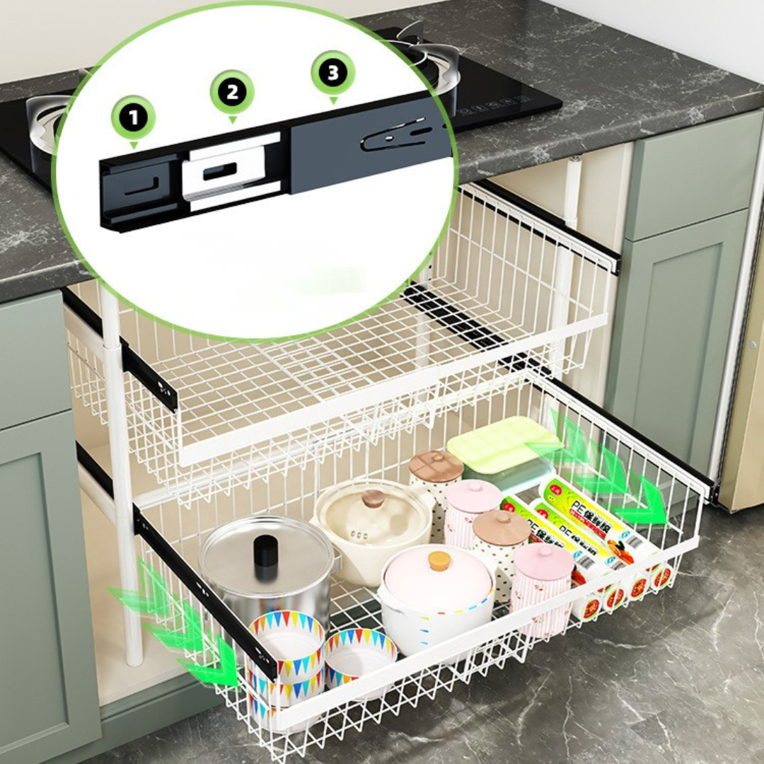 HOMERO Carbon Steel Adjustable Telescopic Pull-Out Cabinet Basket Organizer