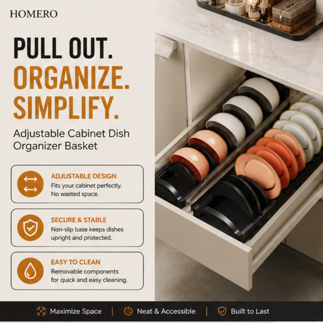 Adjustable Cabinet Pull Out Dish Organizer Basket