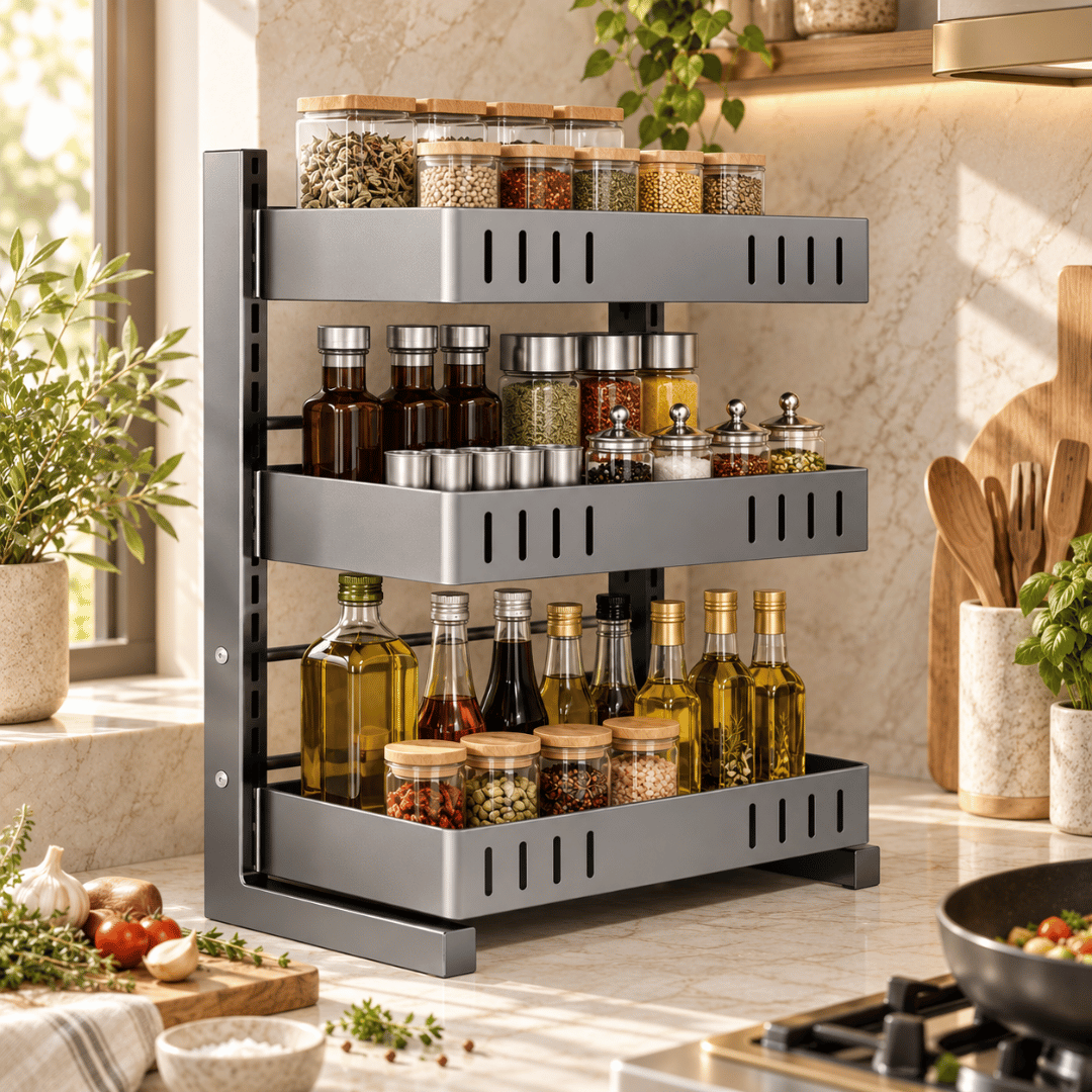 Adjustable Multi-Layer Spice Storage Rack Kitchen Organizer