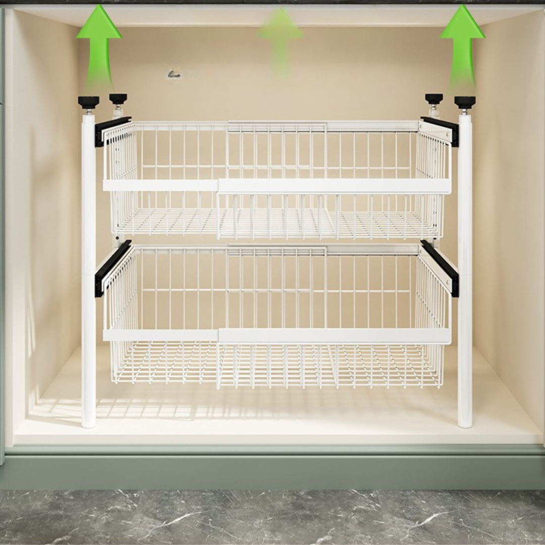 HOMERO Carbon Steel Adjustable Telescopic Pull-Out Cabinet Basket Organizer