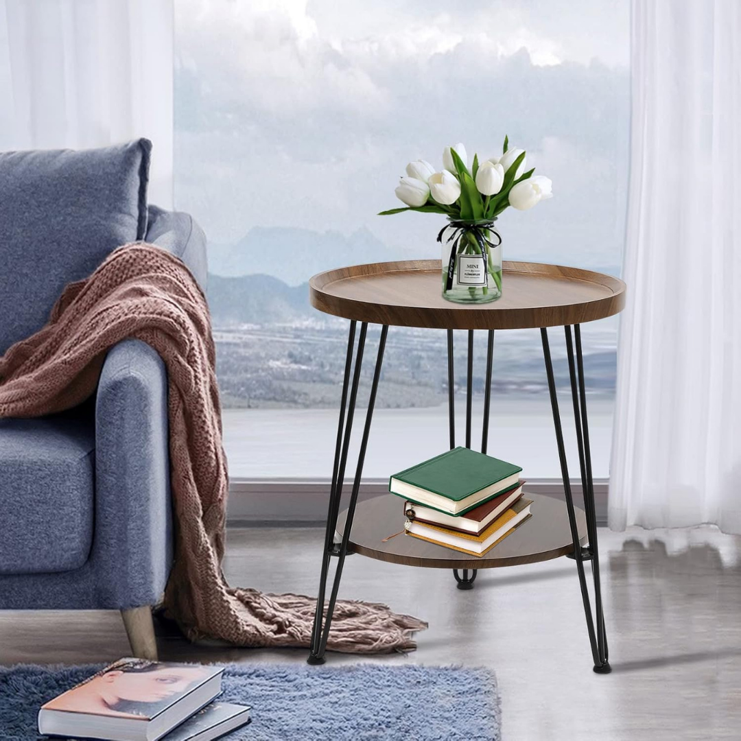 HOMERO Premium Natural Wood Double-Layer Storage Round Accent Table