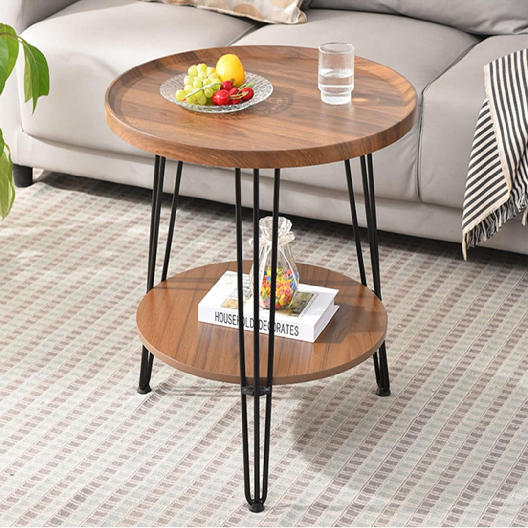 HOMERO Premium Natural Wood Double-Layer Storage Round Accent Table