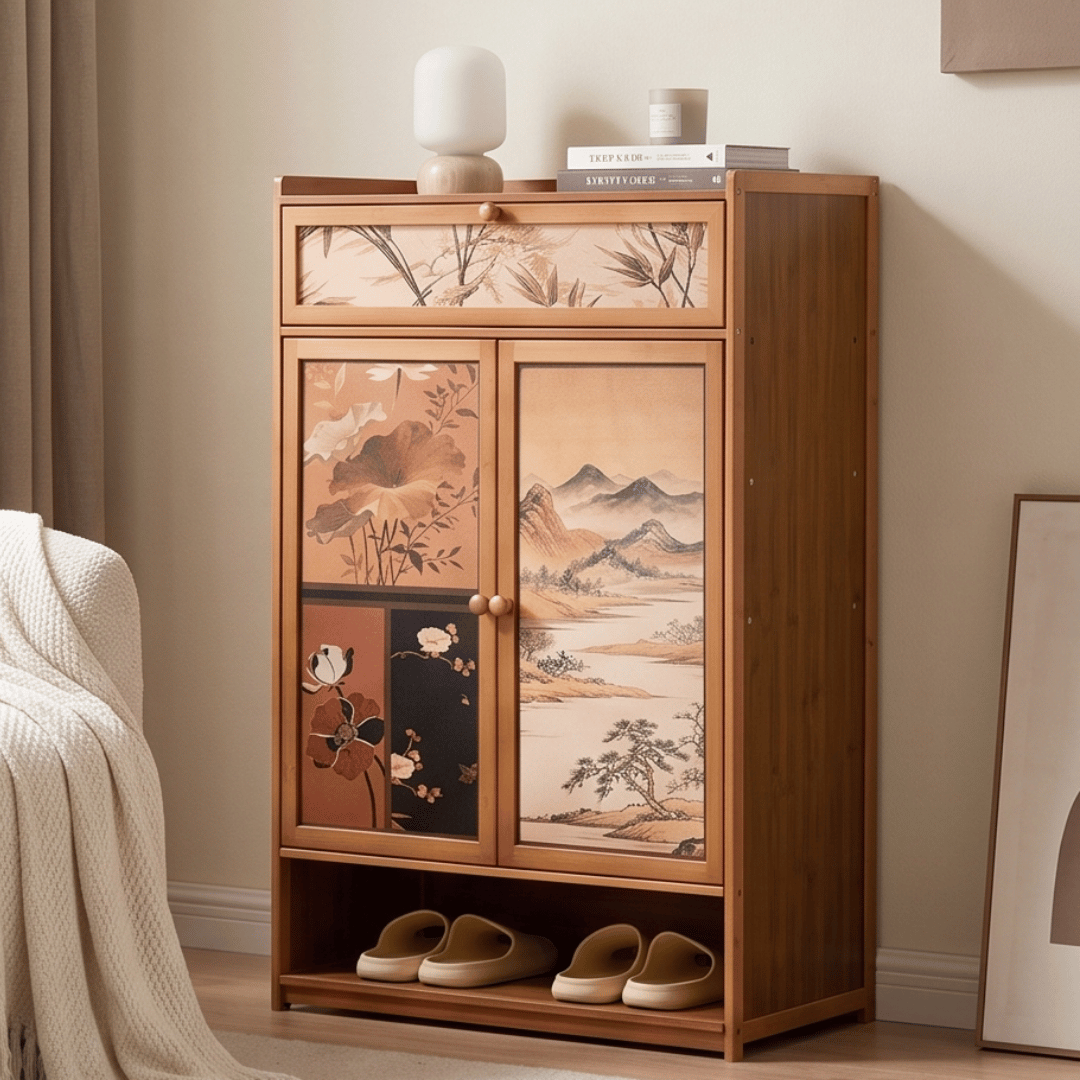 Medieval Bamboo Shoe Cabinet With Drawers Multi Tier Dustproof Footwear Storage Organizer Living Room Bedroom