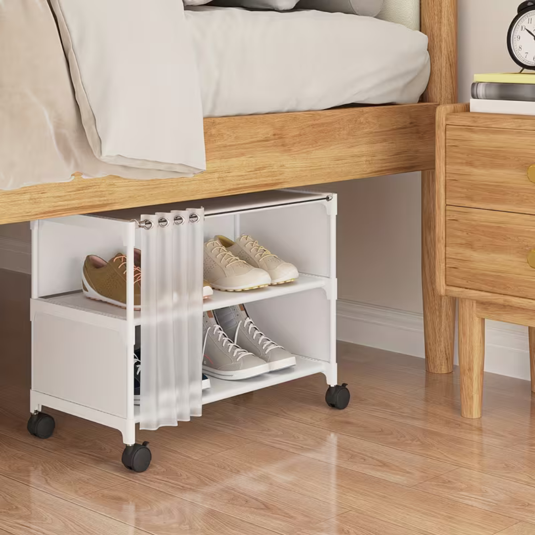 2 Tier Rolling Shoe Rack Organizer with Curtain and Wheels