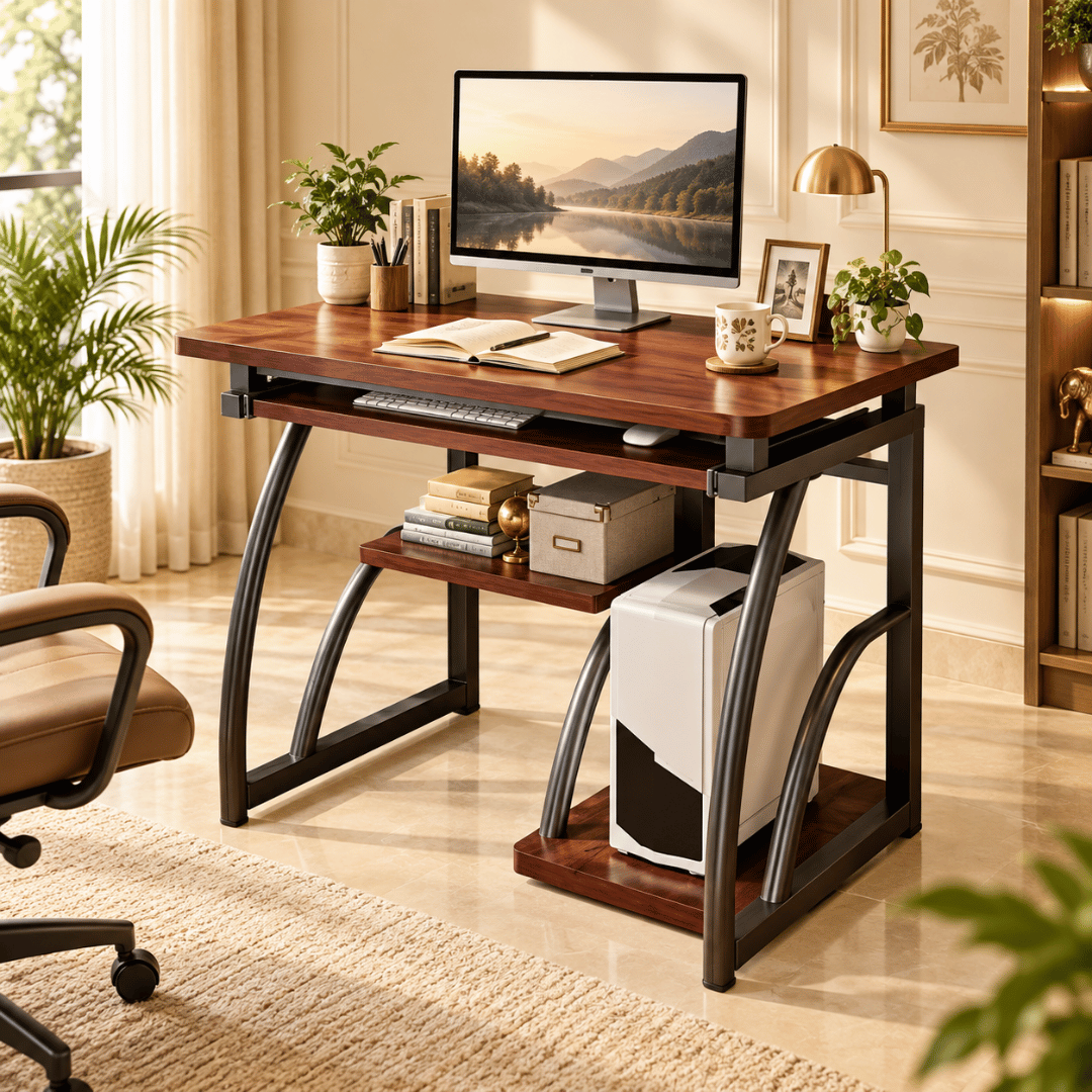 Premium Wooden Computer Desk Table with Bookshelf & Retractable Keyboard Tray