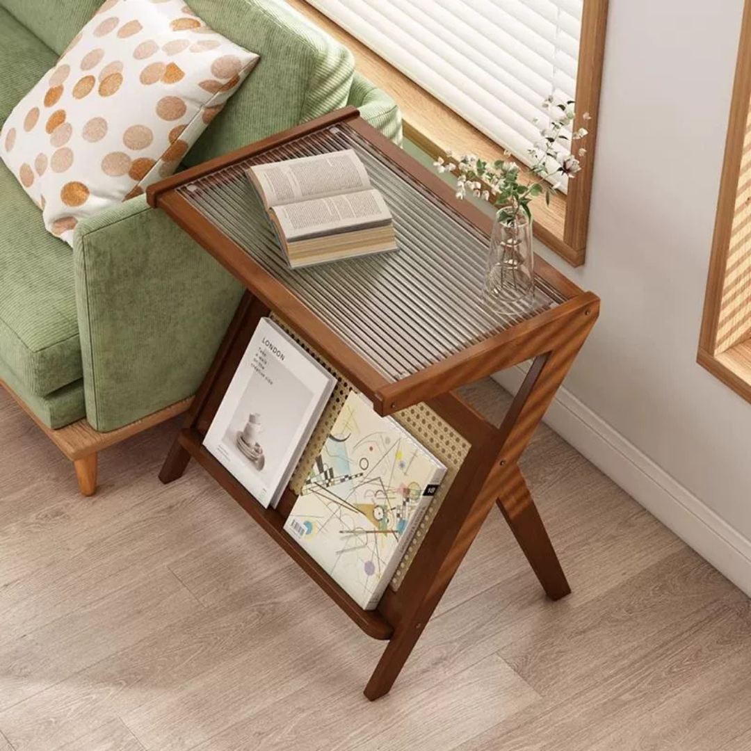 Elegant Z-Shape Boho Wooden Side Table with Toughened Glass Top