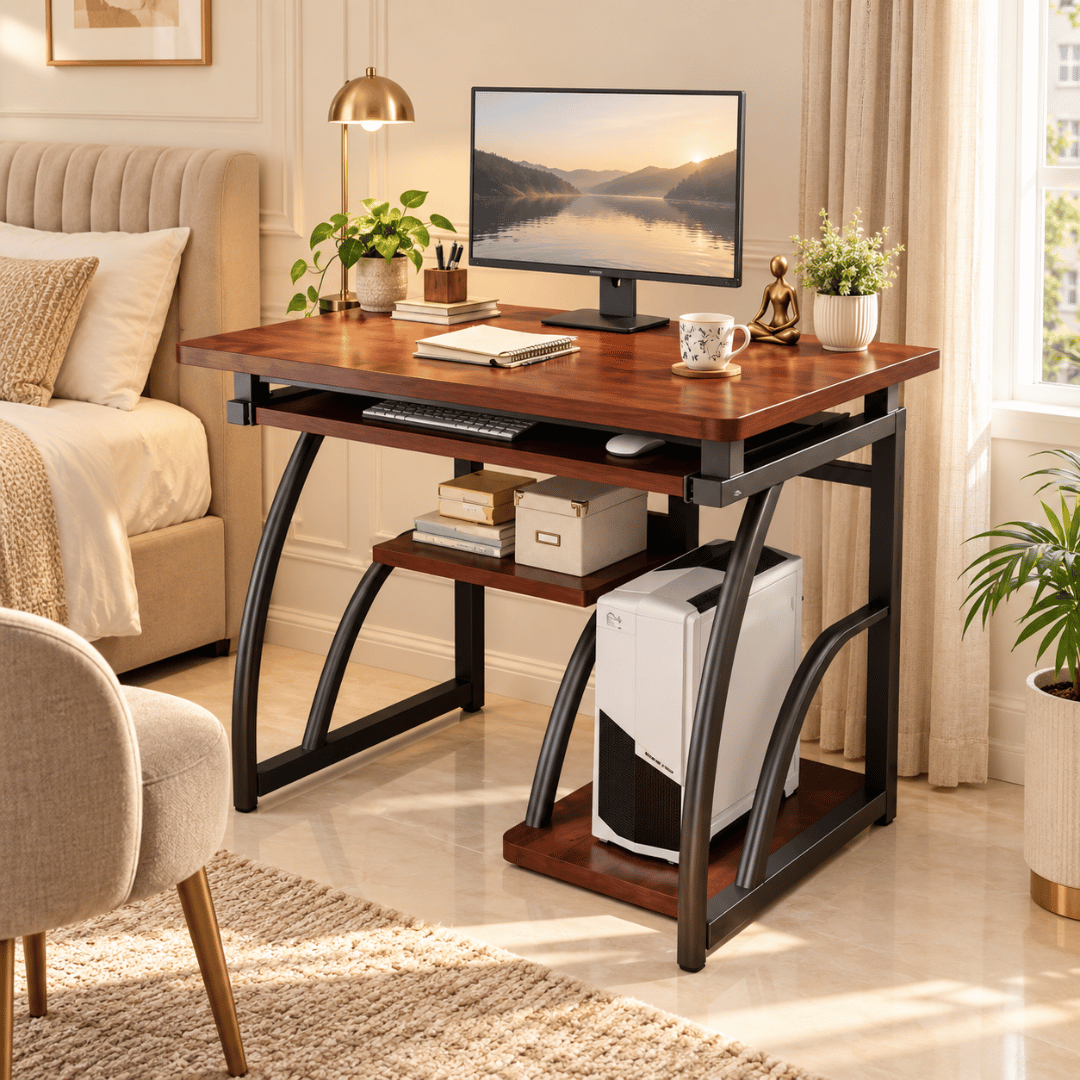 Premium Wooden Computer Desk Table with Bookshelf & Retractable Keyboard Tray