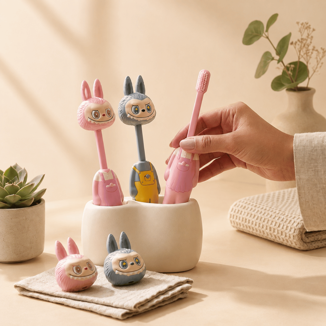 Homero Cute Labubu Ultra Soft Bristles Toothbrush 2 Piece (Pink and Blue)