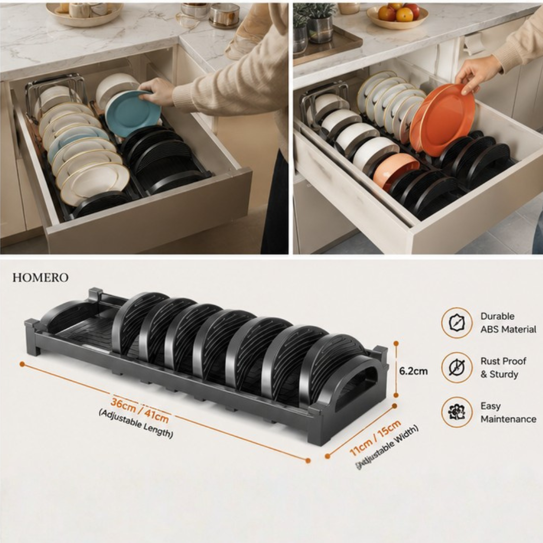 Adjustable Cabinet Pull Out Dish Organizer Basket