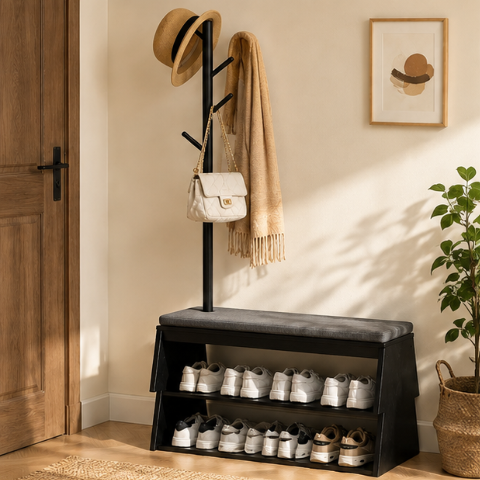 Multifunctional Entryway Shoe Rack Bench with Coat Stand Storage Organizer