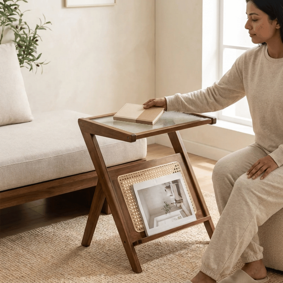 Elegant Z-Shape Boho Wooden Side Table with Toughened Glass Top