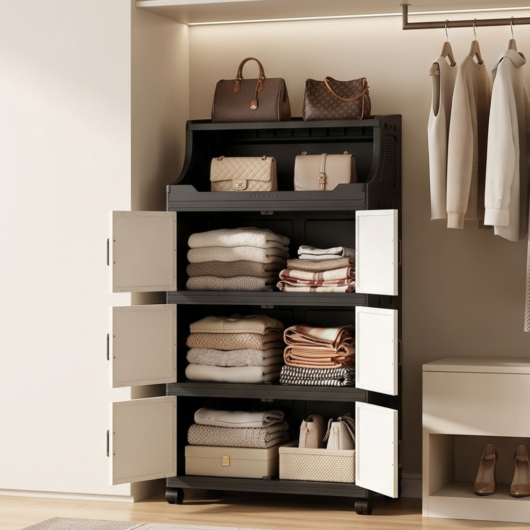 Multi Tier Folding Storage Cabinet with Wheels & Magnetic Doors