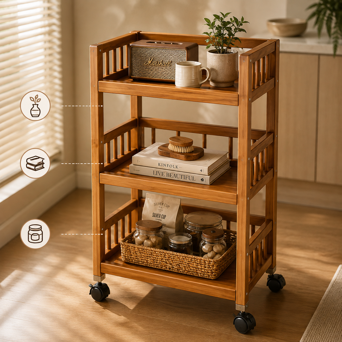 Homero 3-Tier Modern Wooden Media Storage Rack with Wheels