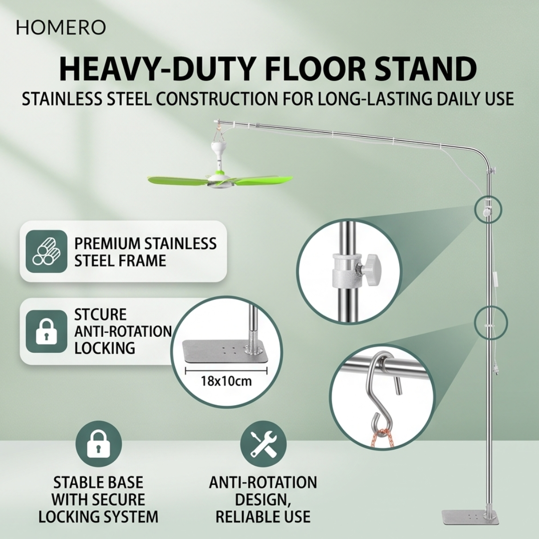 Floor Standing USB Ceiling Fan with Telescopic Stainless Steel Stand