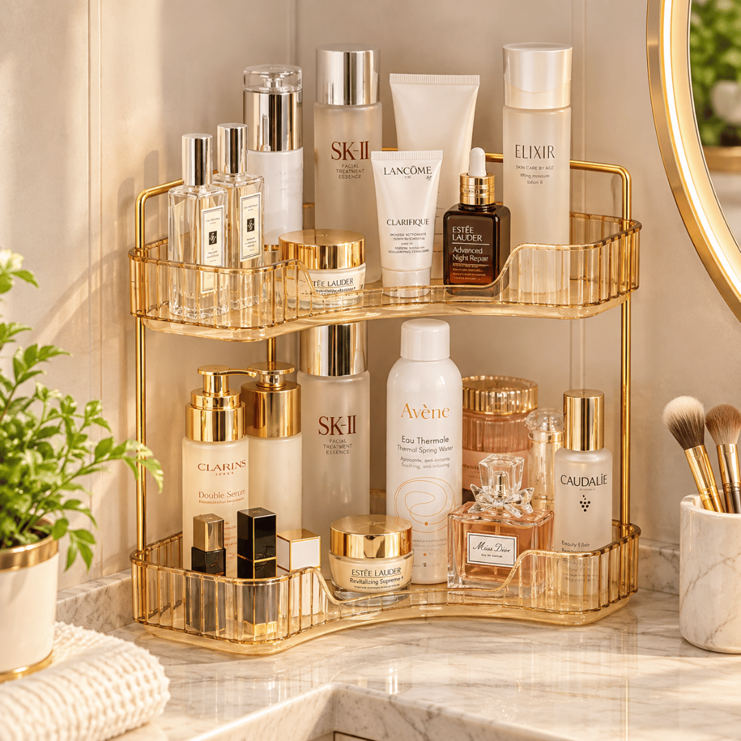 2 Tier Corner Bathroom Counter Organizer with Amber Gold Trays