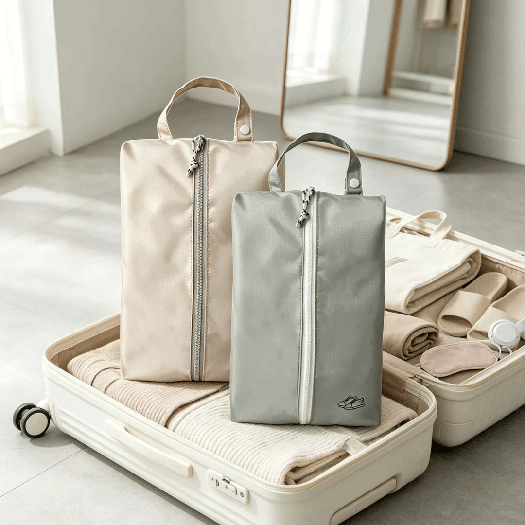 Portable Oxford Cloth Travel Shoe Bag with Dual Compartments and Luggage Strap