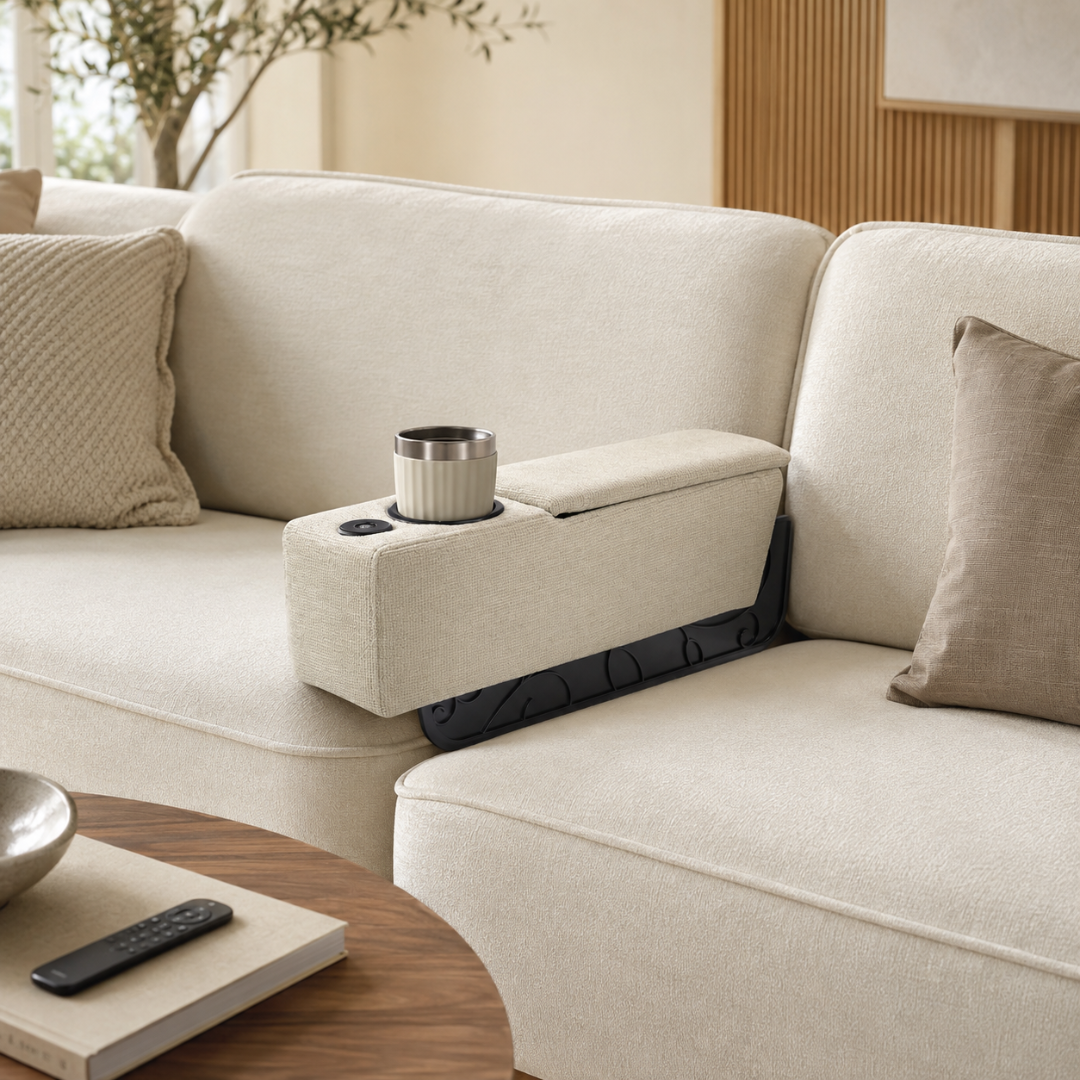 Multifunctional Sofa Armrest Couch Caddy with Wireless Charging LED Light