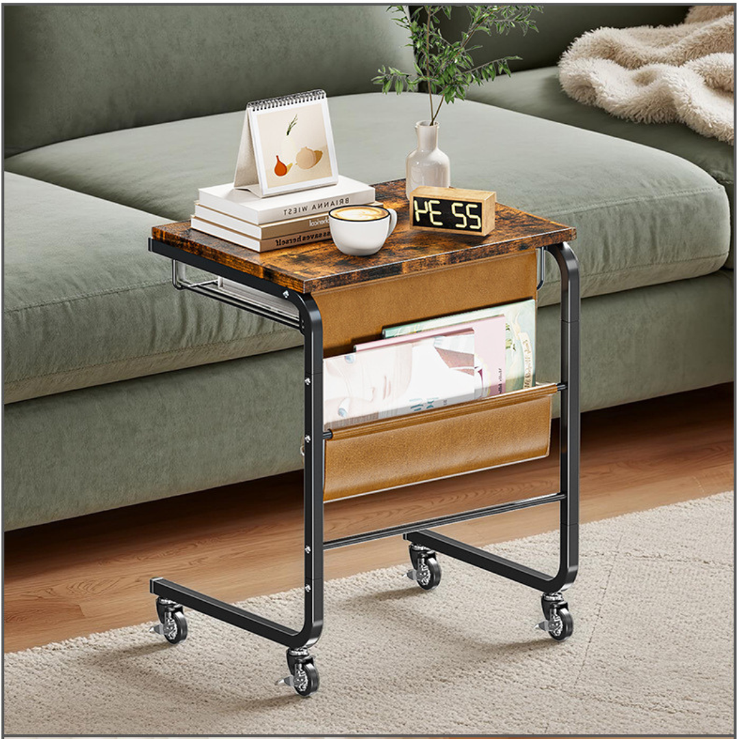 C Shaped Rolling Side Table with Storage Shelf Fabric Pocket and Wheels