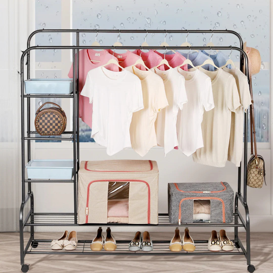 Multifunctional  Double Rail Garment Shoe Rack With Wheels