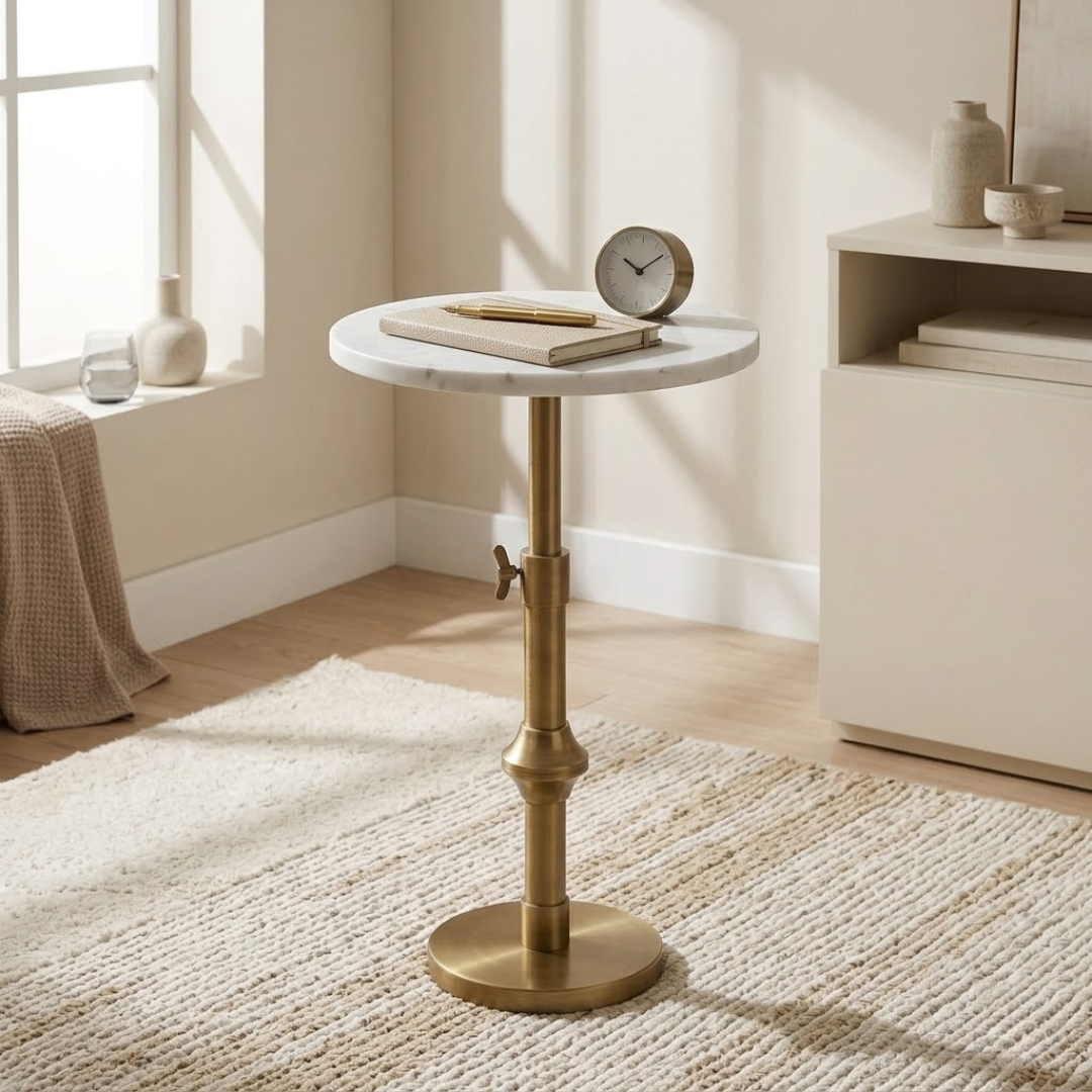 Modern White Marble Side Table With Adjustable Height Antique Brass Base
