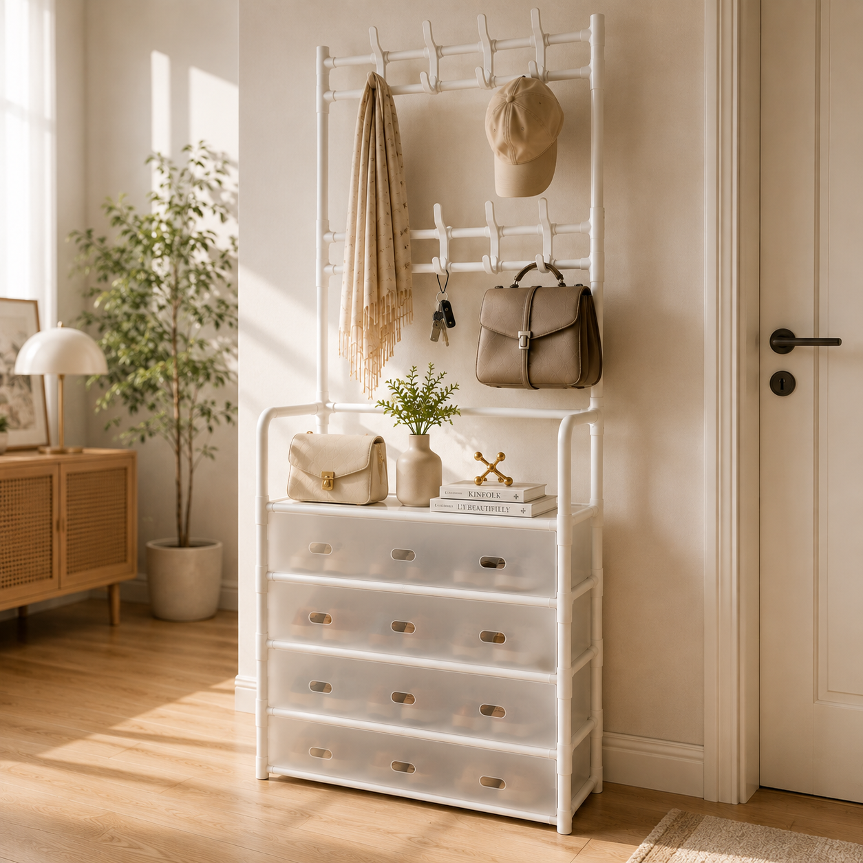 HOMERO 4-Tier Double Row Hooks Coat Rack with Shoe Storage