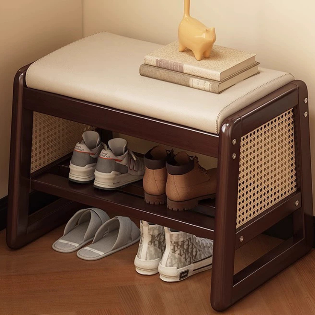 HOMERO Elegant Rattan Design Premium Wooden Shoe Storage Bench - 2 Tier