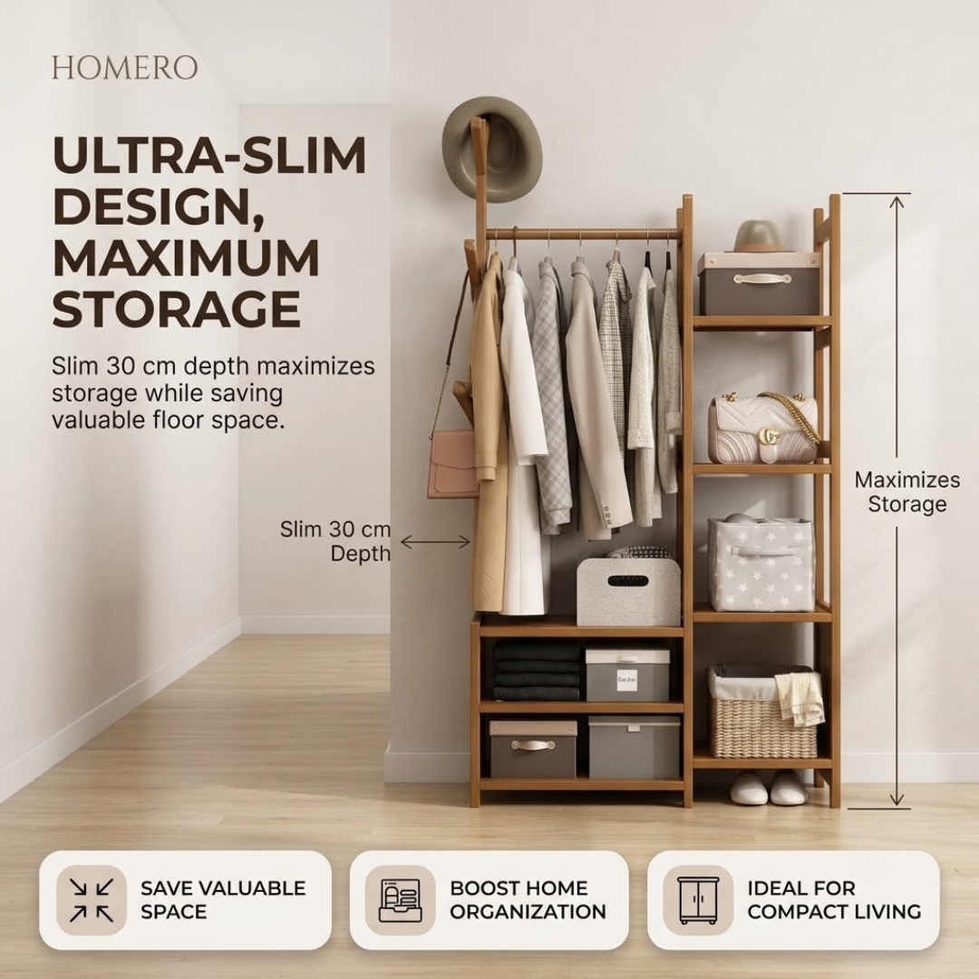 Multi Storage Bamboo Clothes Rack Open Wardrobe with Hanging Rail Shelves