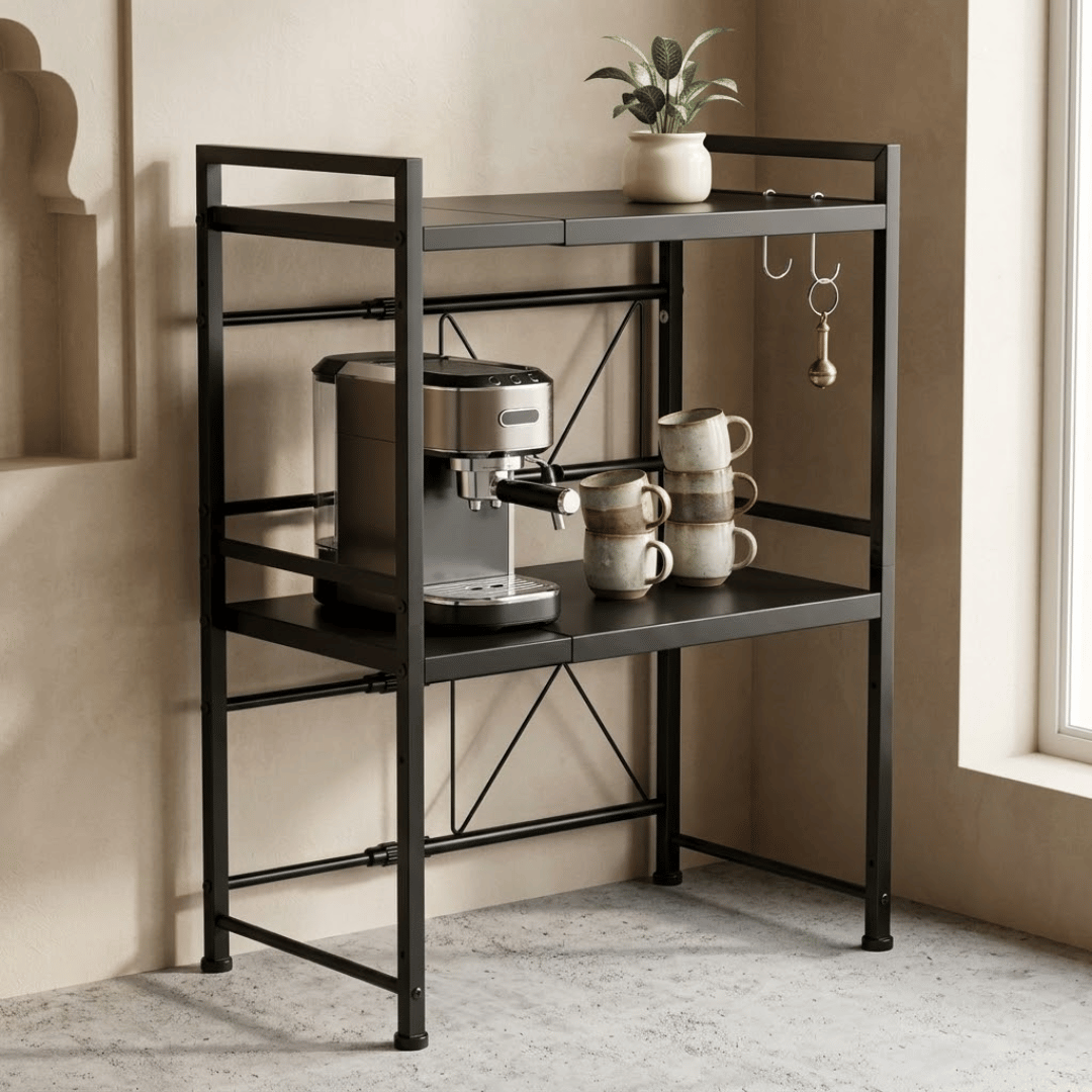 Two Tier Adjustable Microwave Oven Shelf Kitchen Counter Organizer with Hooks