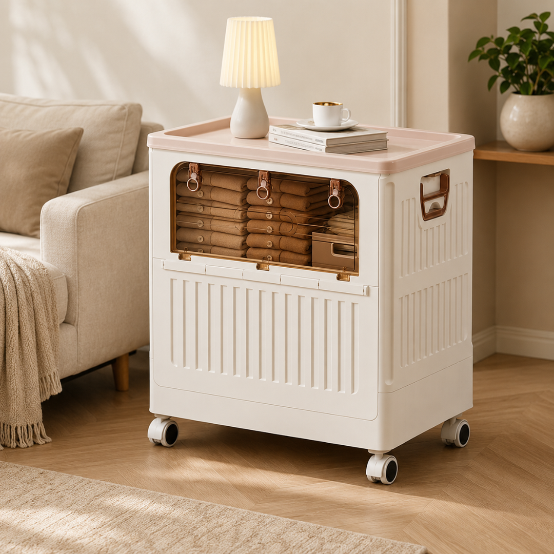 Portable Plastic Clothing Storage Cabinet with Clear Front Opening and Rolling Casters