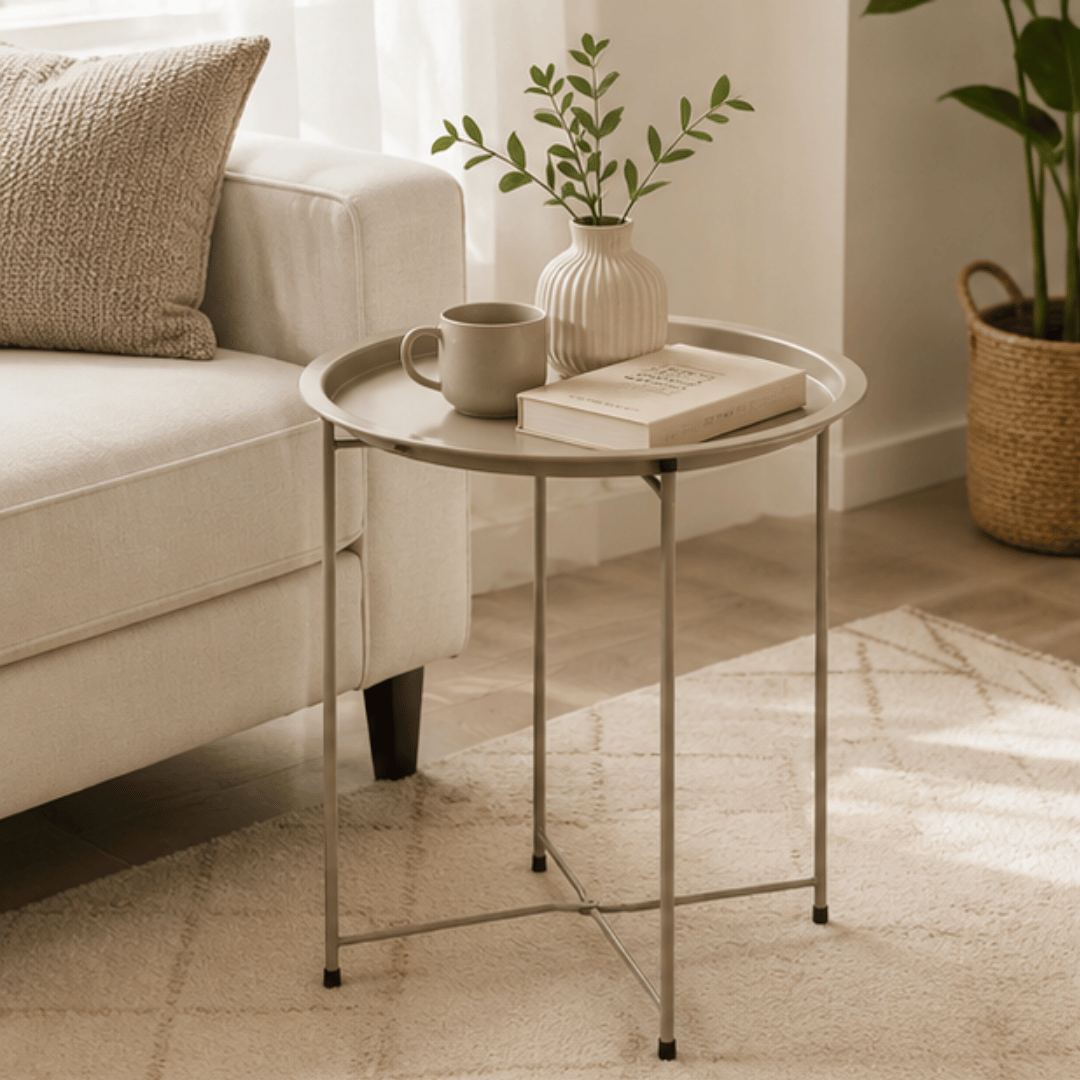 Minimalist Folding Metal Side Table with Removable Tray