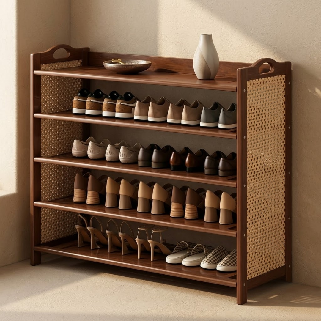 5 Tier Bamboo Shoe Rack with Woven Rattan Panels