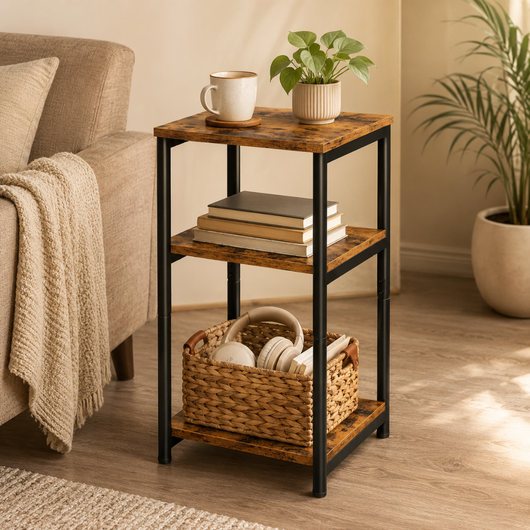Rustic Brown Three Tier Storage Steel Frame Side Table